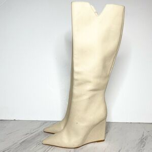 Schutz Asya Up Eggshell Leather Pointy Toe Wedge Tall Boot 7B